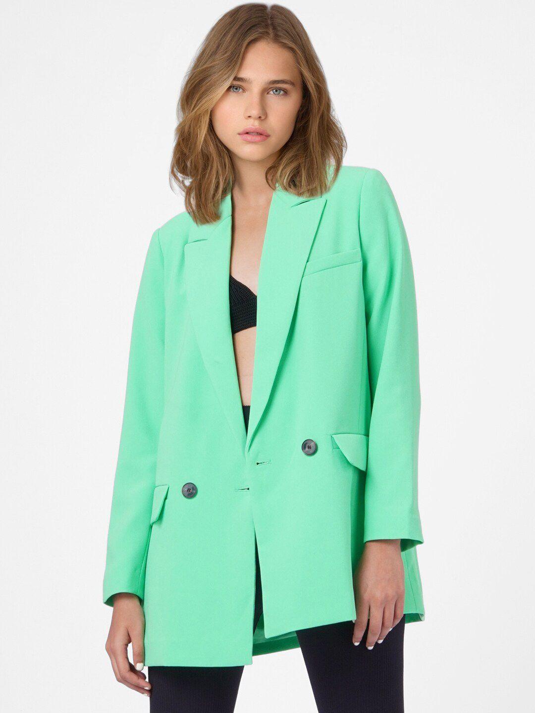 only women green solid double-breasted formal blazer