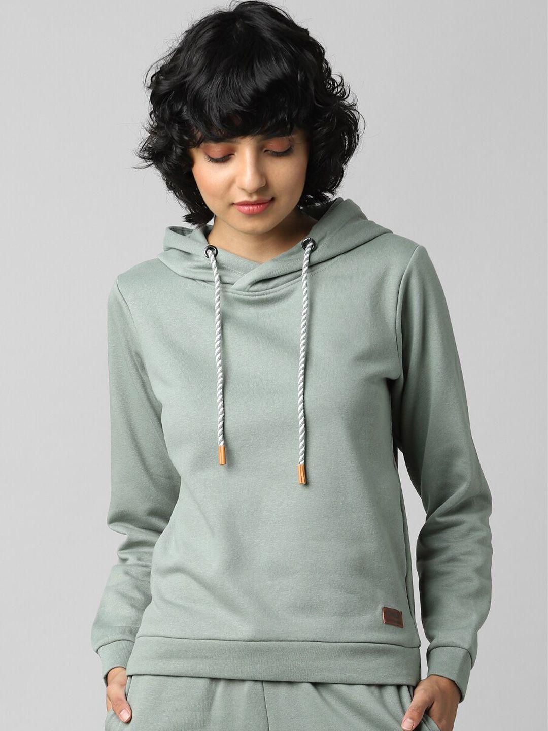 only women green solid hooded sweatshirt