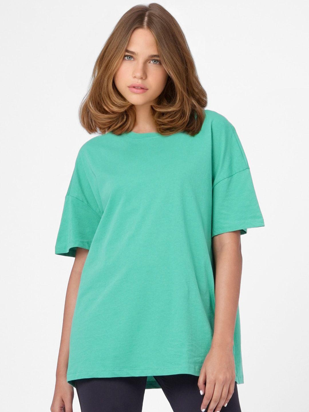 only women green solid round neck cotton t-shirt