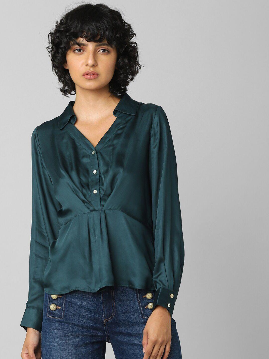 only women green solid shirt style top