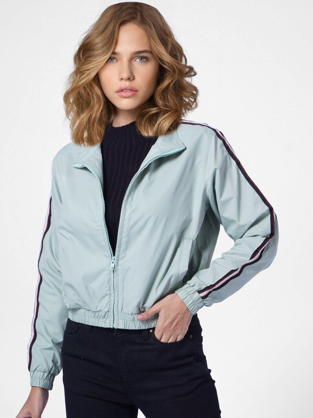 only women green solid stand collar long sleeves bomber jacket