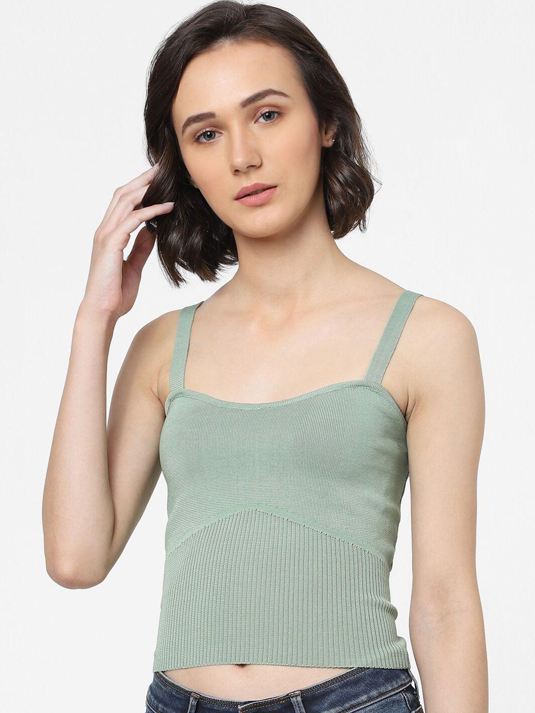 only women green textured polyester crop top