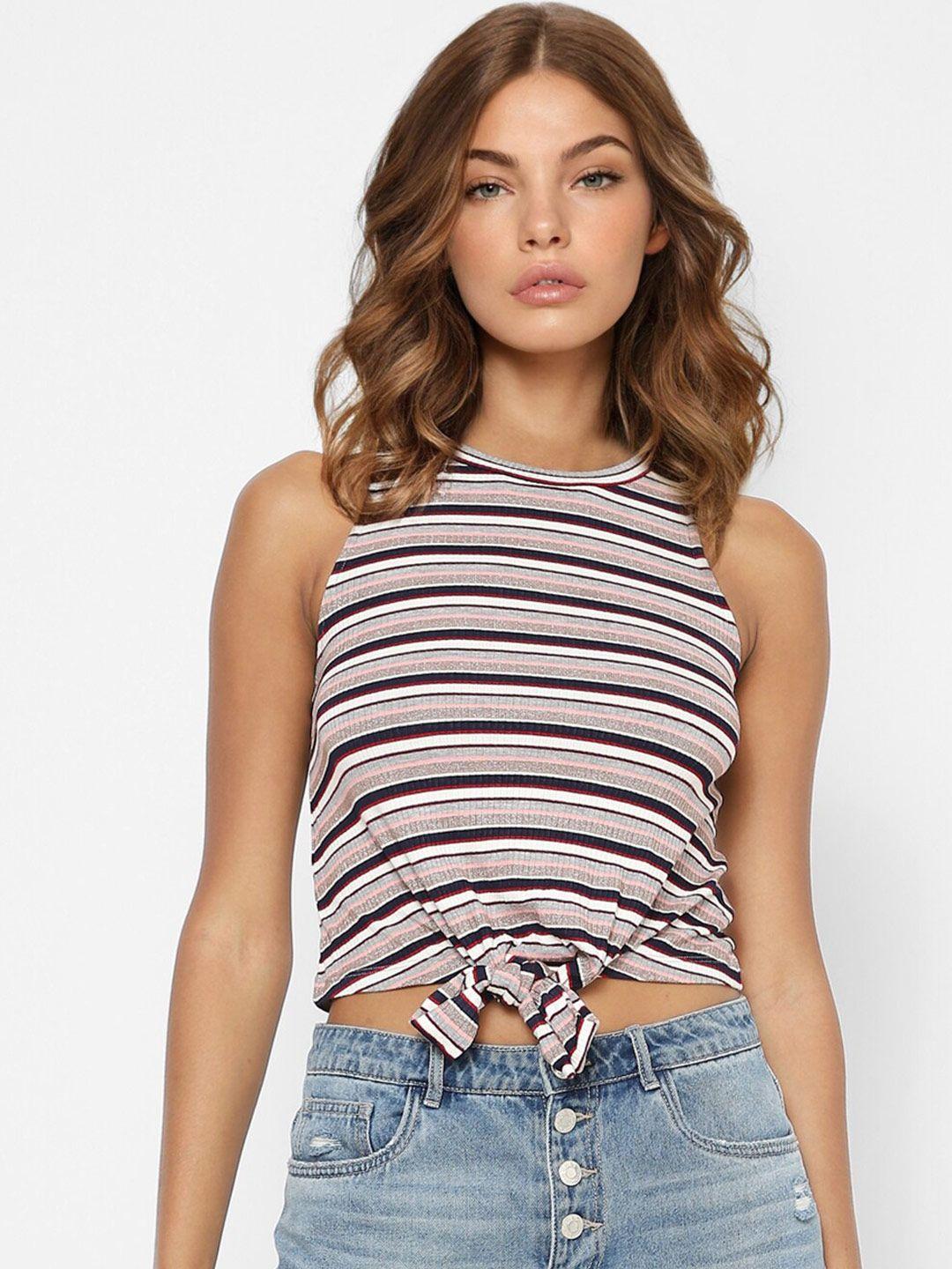 only women grey & navy blue striped t-shirt with tie-up detail