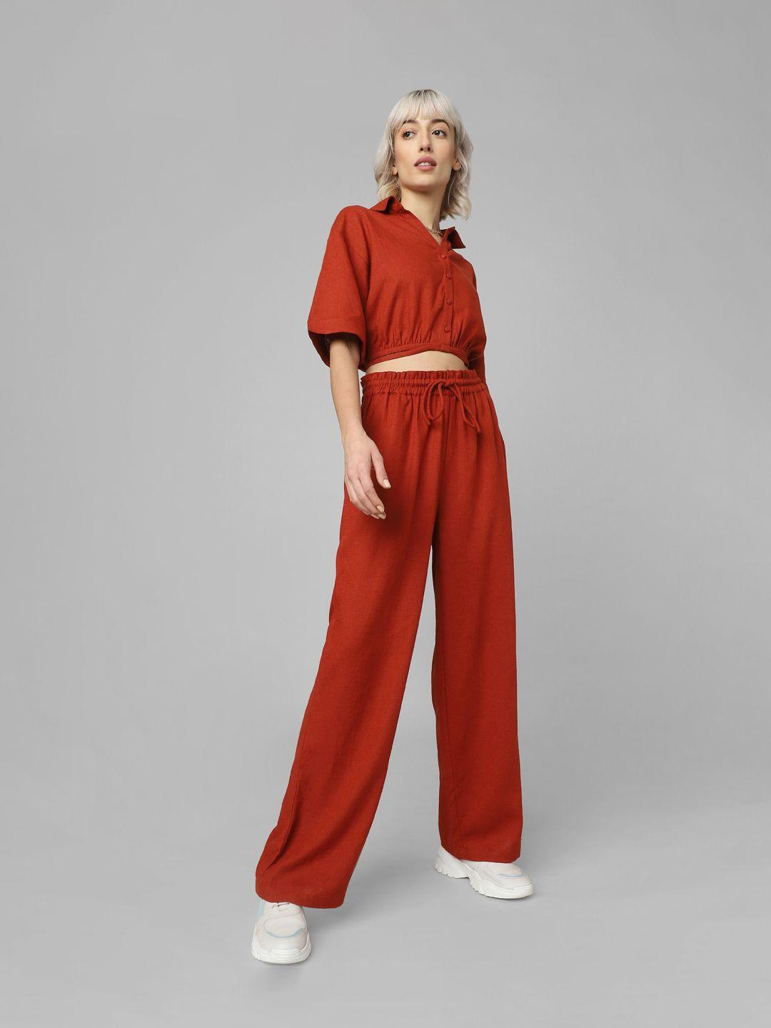 only women high-rise straight fit plain linen parallel trousers