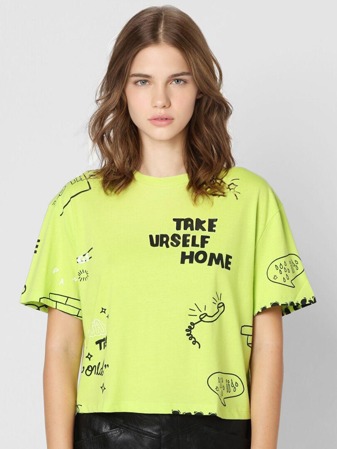 only women lime green & black typography printed t-shirt