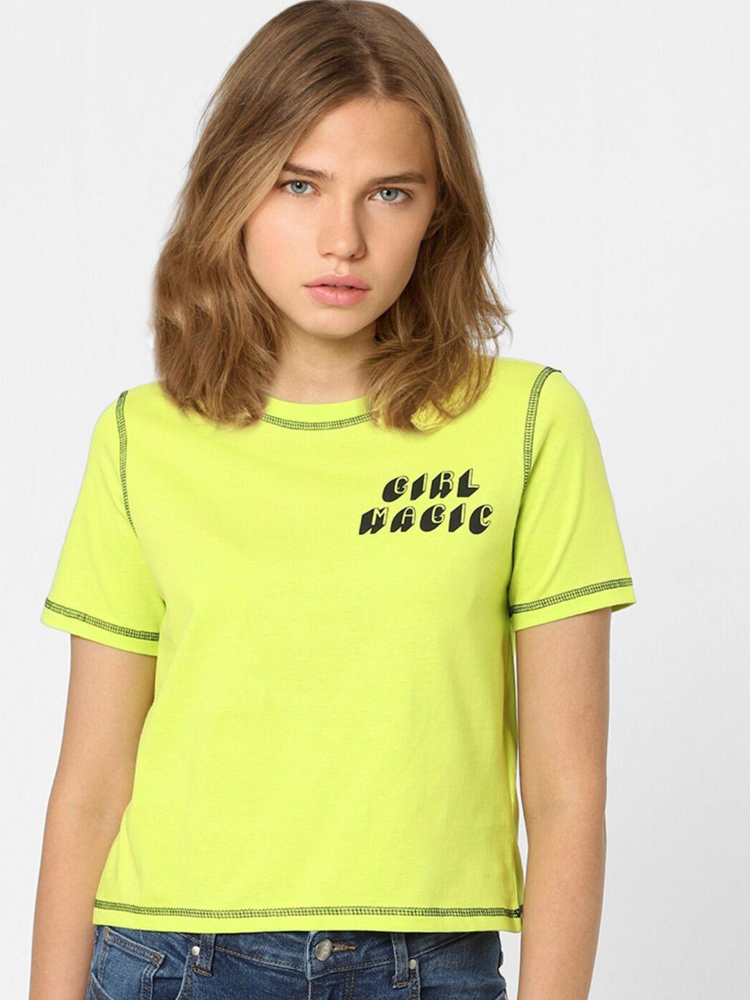 only women lime green typography  cotton knitted t-shirt