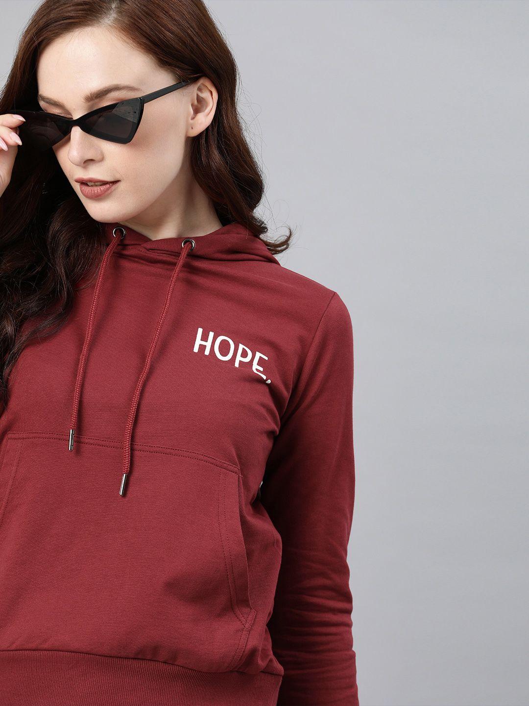 only women maroon printed hooded sweatshirt