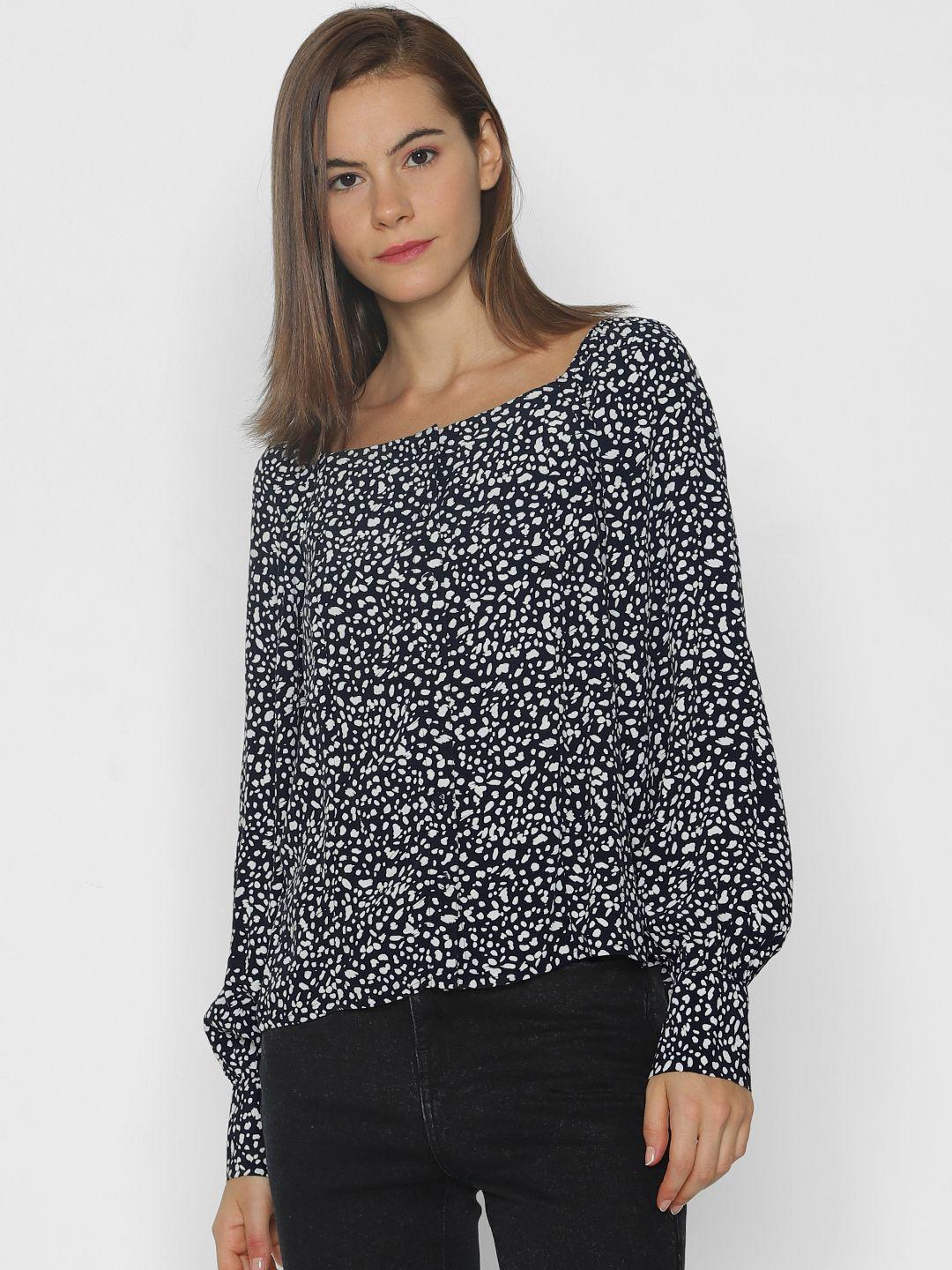 only women navy blue & white printed shirt style top