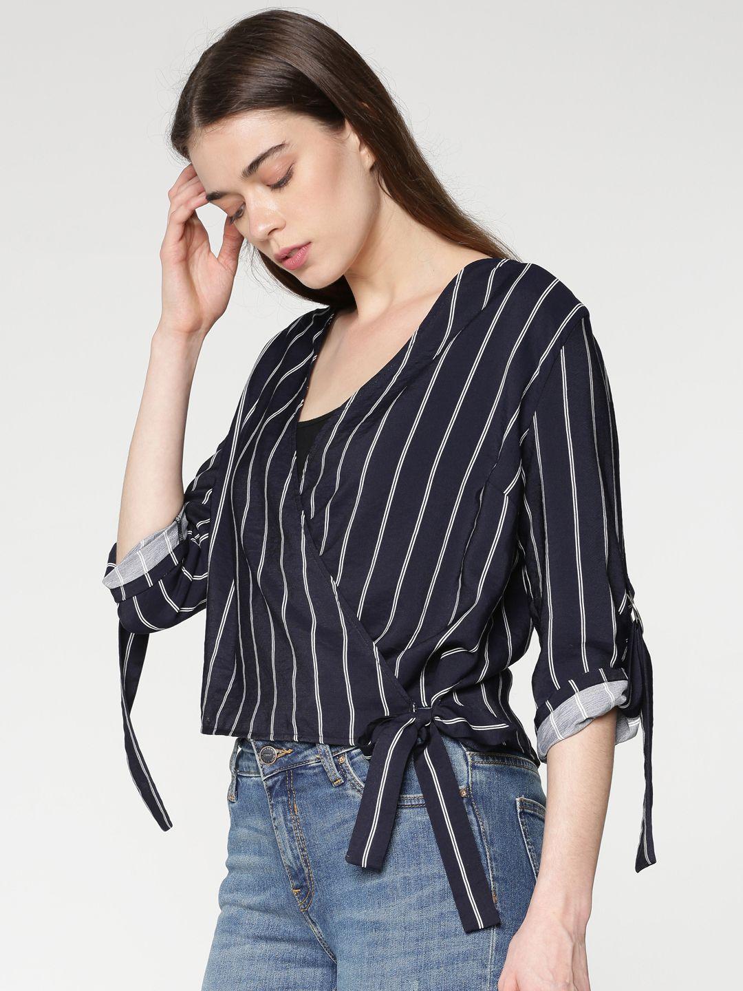 only women navy blue & white striped top