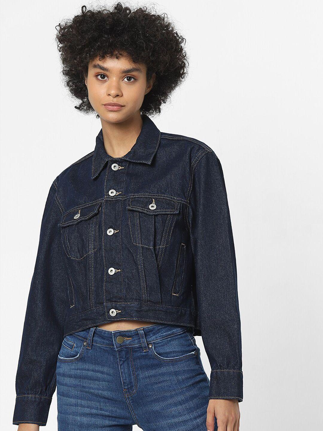 only women navy blue cropped denim jacket