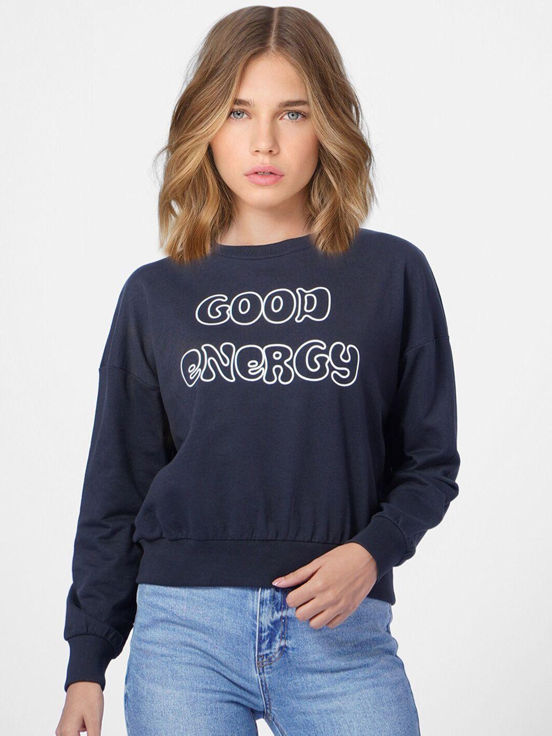 only women navy blue printed sweatshirt