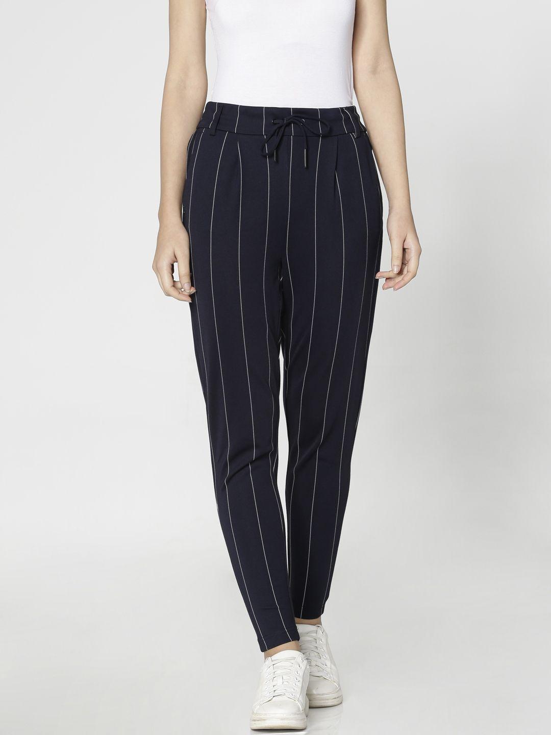 only women navy blue slim fit striped regular trousers