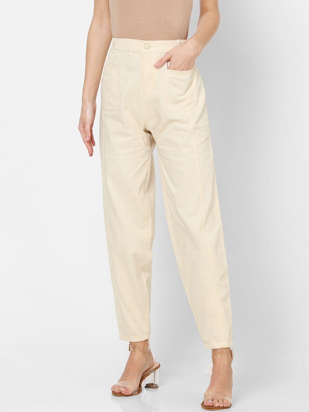 only women off-white regular fit solid regular trousers