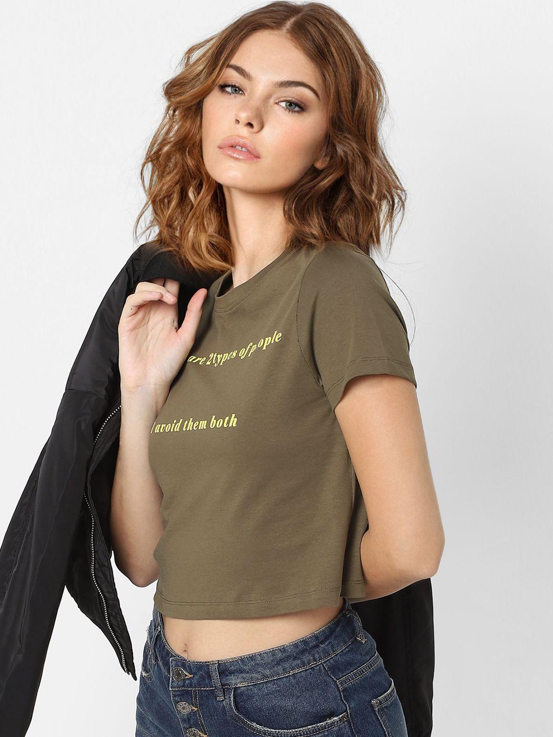only women olive green pure cotton typography printed t-shirt