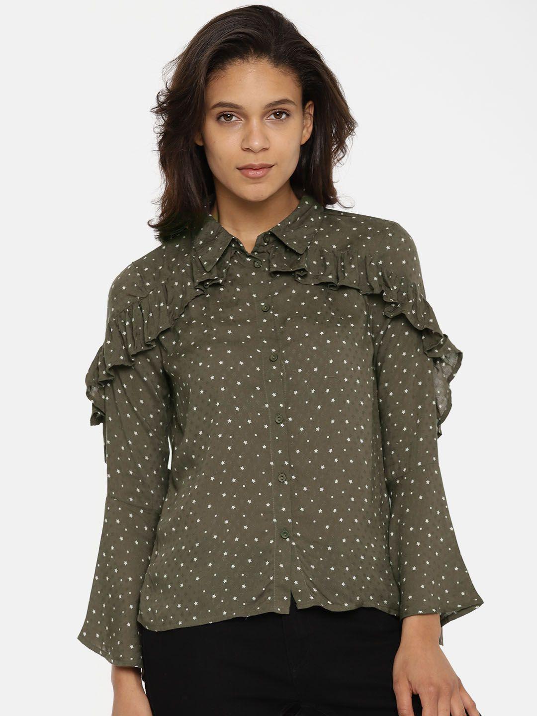 only women olive green regular fit printed casual shirt