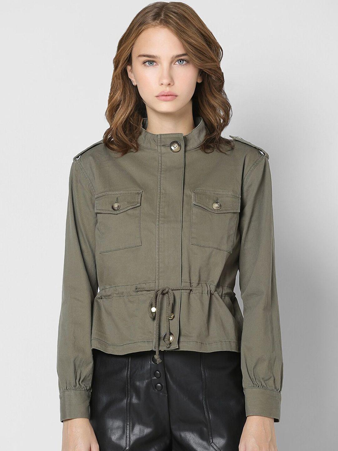 only women olive green striped crop tailored jacket