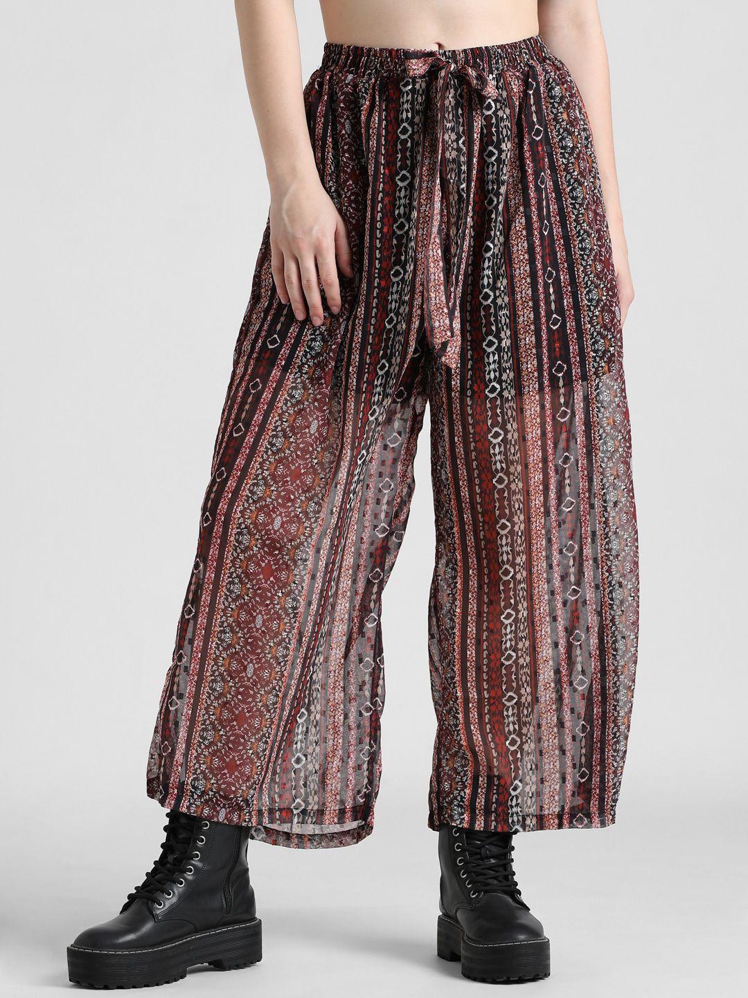 only women onldbrax ethnic motifs printed semi sheer loose fit high-rise parallel trousers