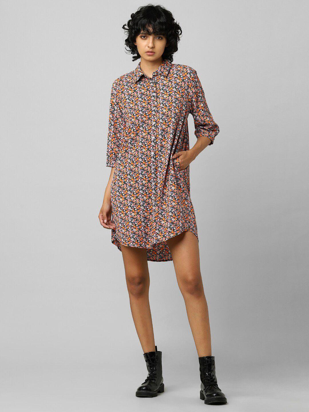 only women orange & blue floral shirt dress