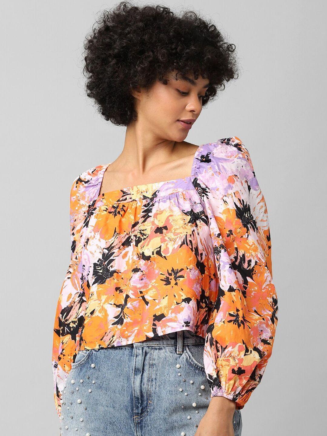 only women orange & purple floral print crop top