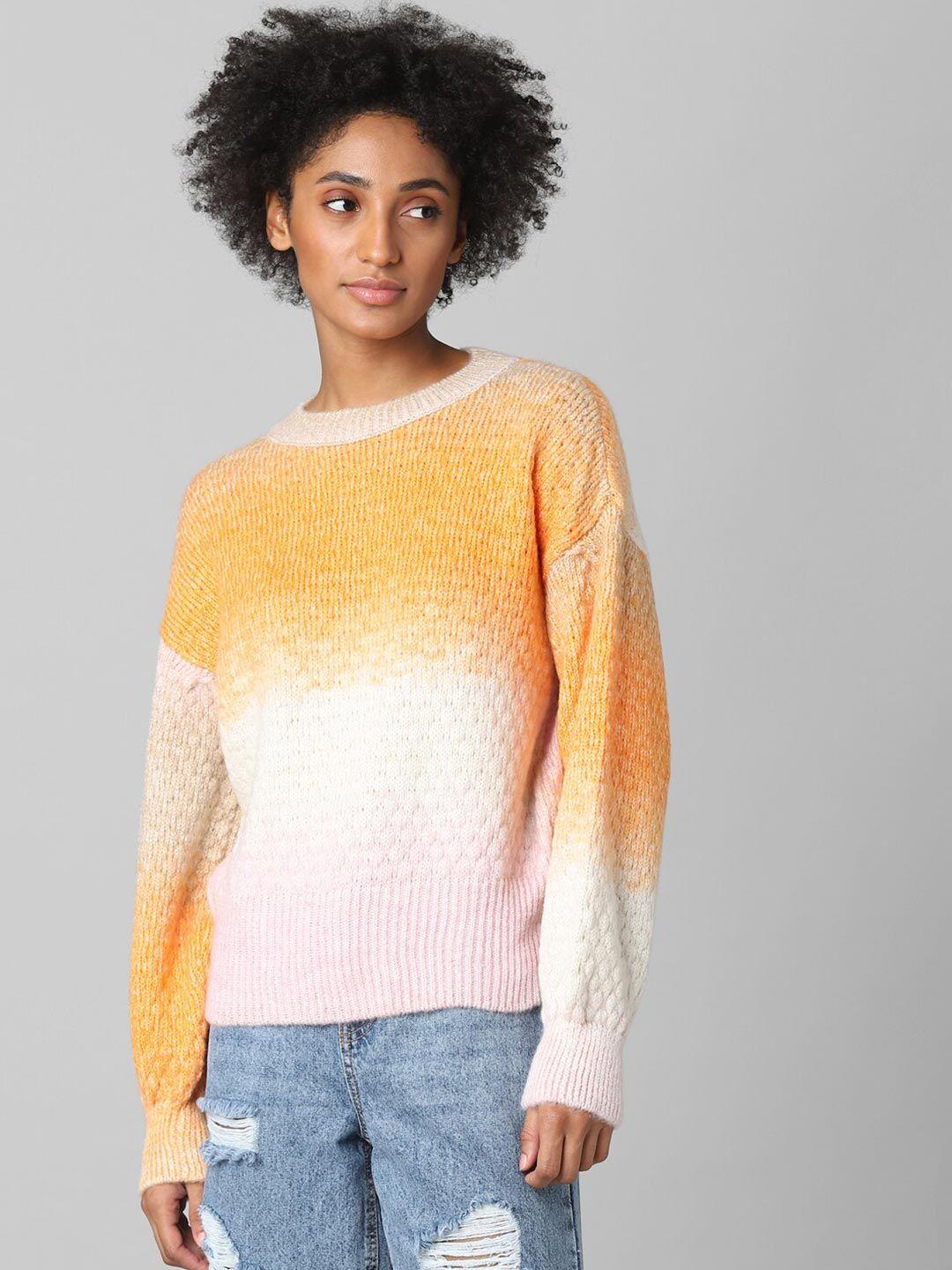 only women orange & white colourblocked pullover