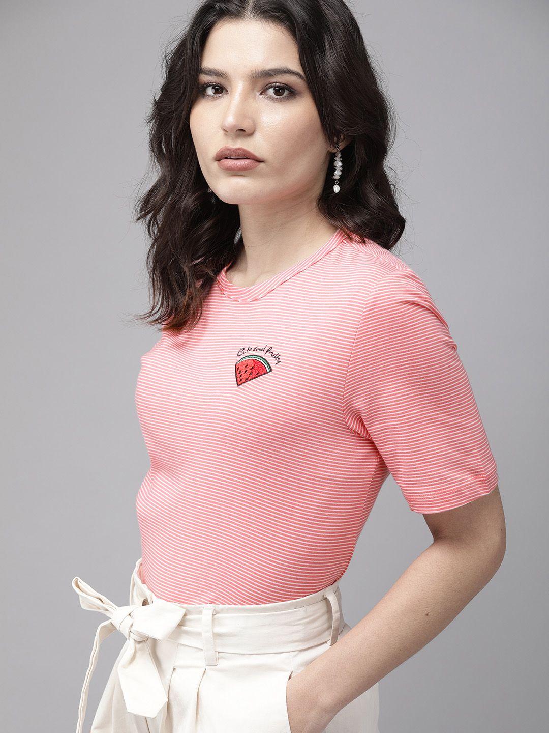 only women peach-coloured  white pure cotton striped pure cotton t-shirt