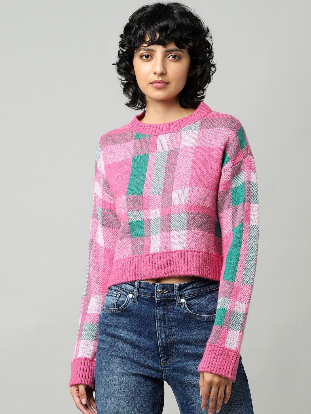 only women pink & green onlkelly l s o neck pul checked crop pullover