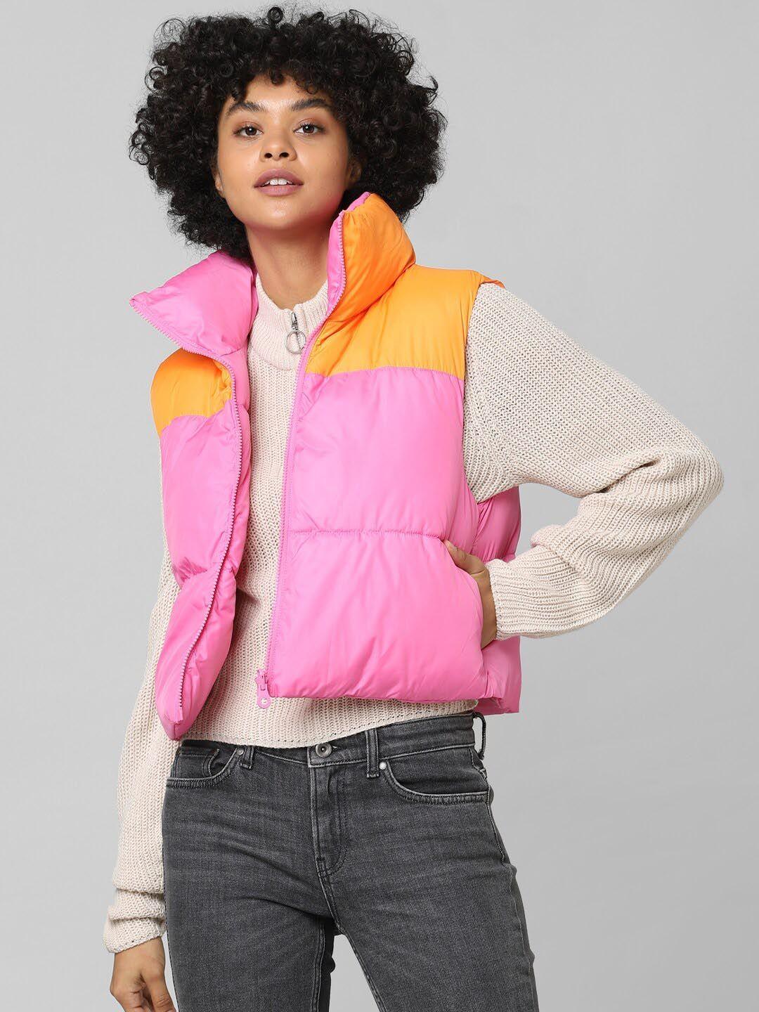 only women pink & orange colour blocked crop padded jacket