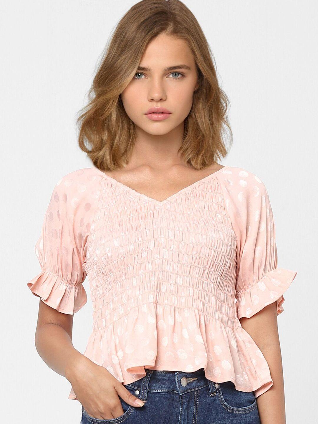 only women pink geometric printed smocked top