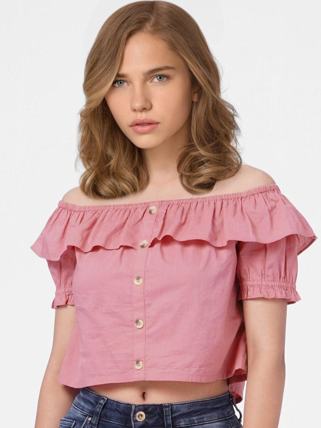 only women pink off-shoulder ruffles bardot crop top