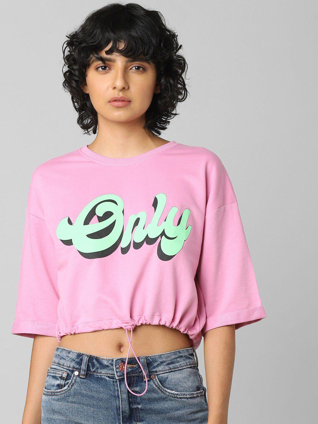 only women pink printed drop-shoulder sleeves t-shirt