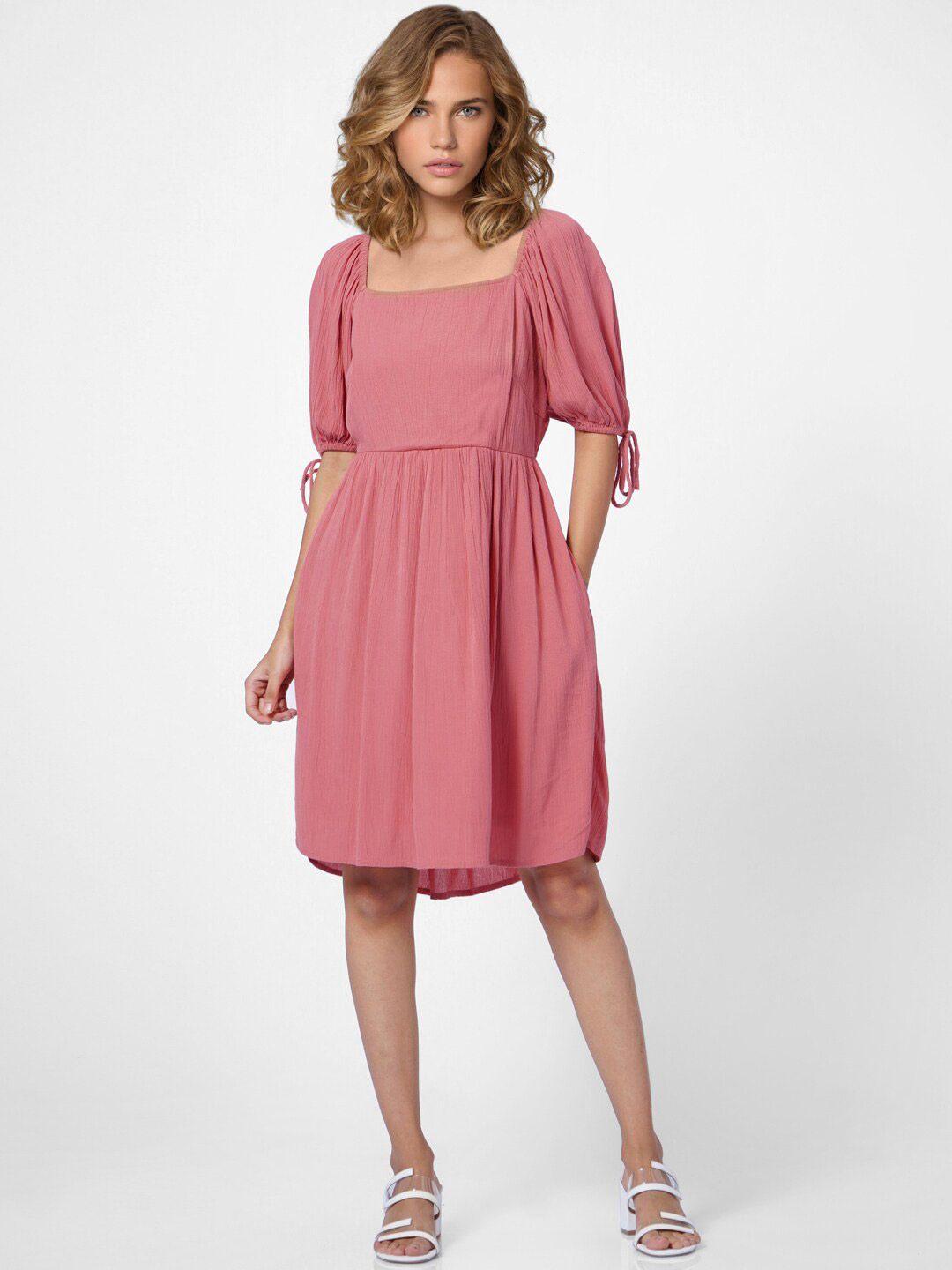 only women pink puff sleeve square neck a-line dress