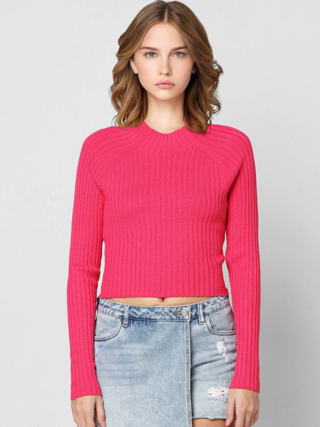 only women pink self design crop pullover