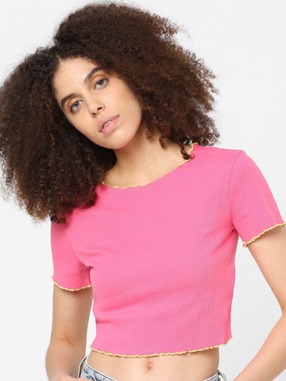 only women pink solid cotton blend crop top