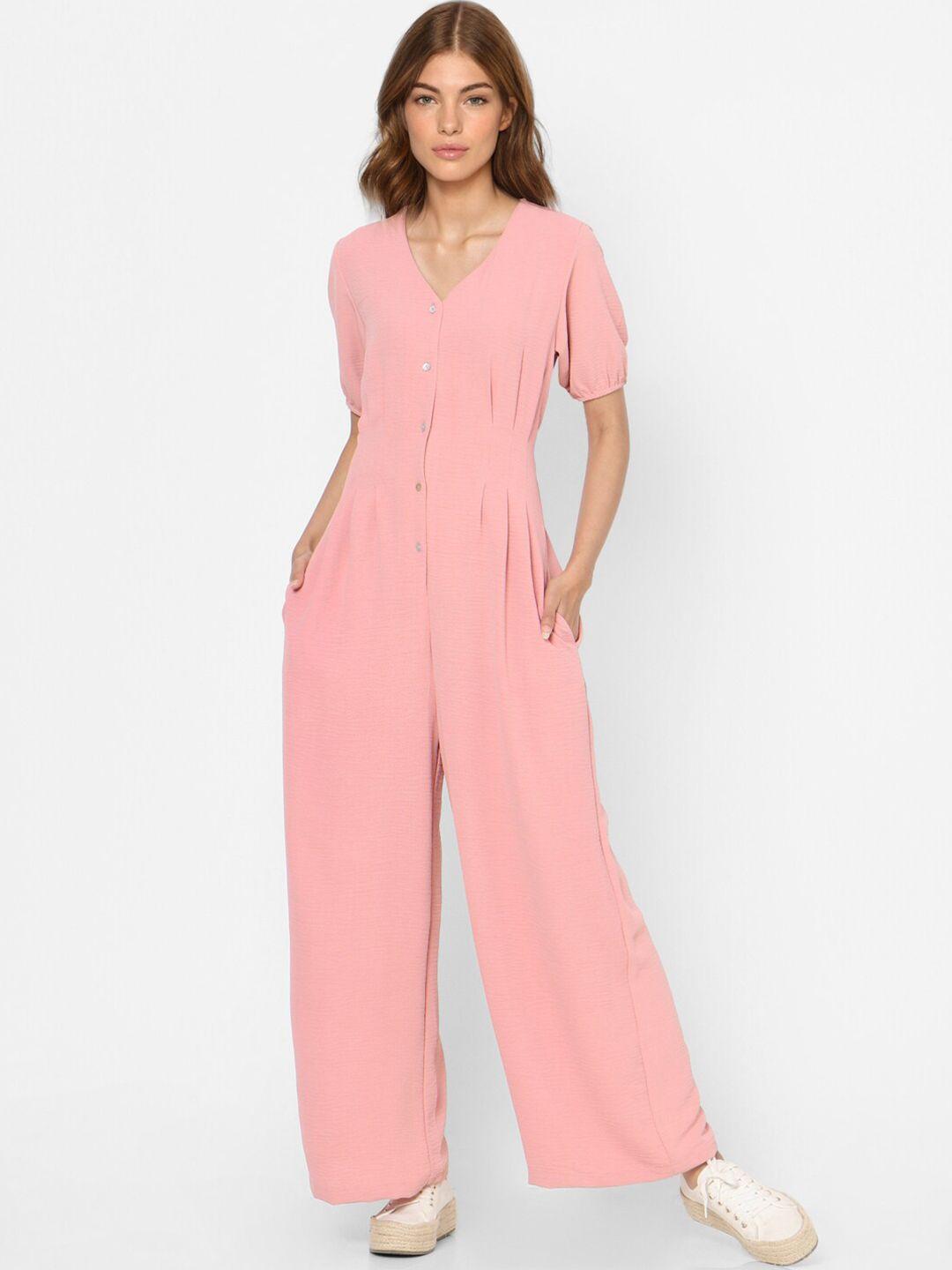 only women pink solid short sleeves basic jumpsuit