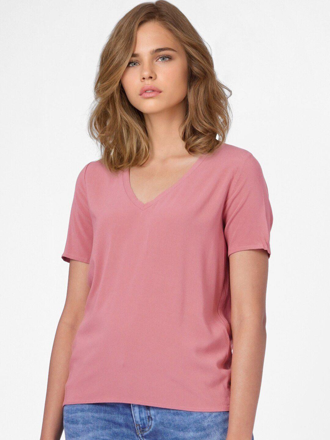 only women pink solid v-neck t-shirt