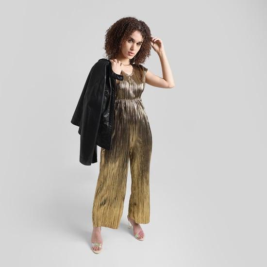 only women pleated metallic jumpsuit