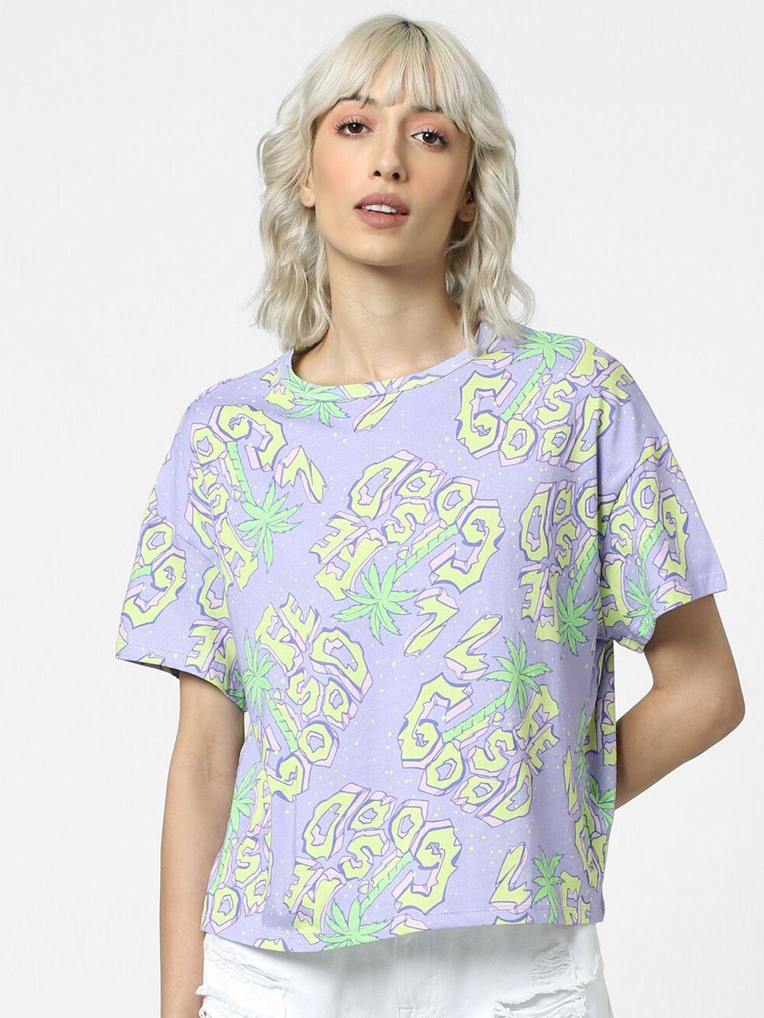 only women purple printed v-neck drop-shoulder sleeves raw edge t-shirt