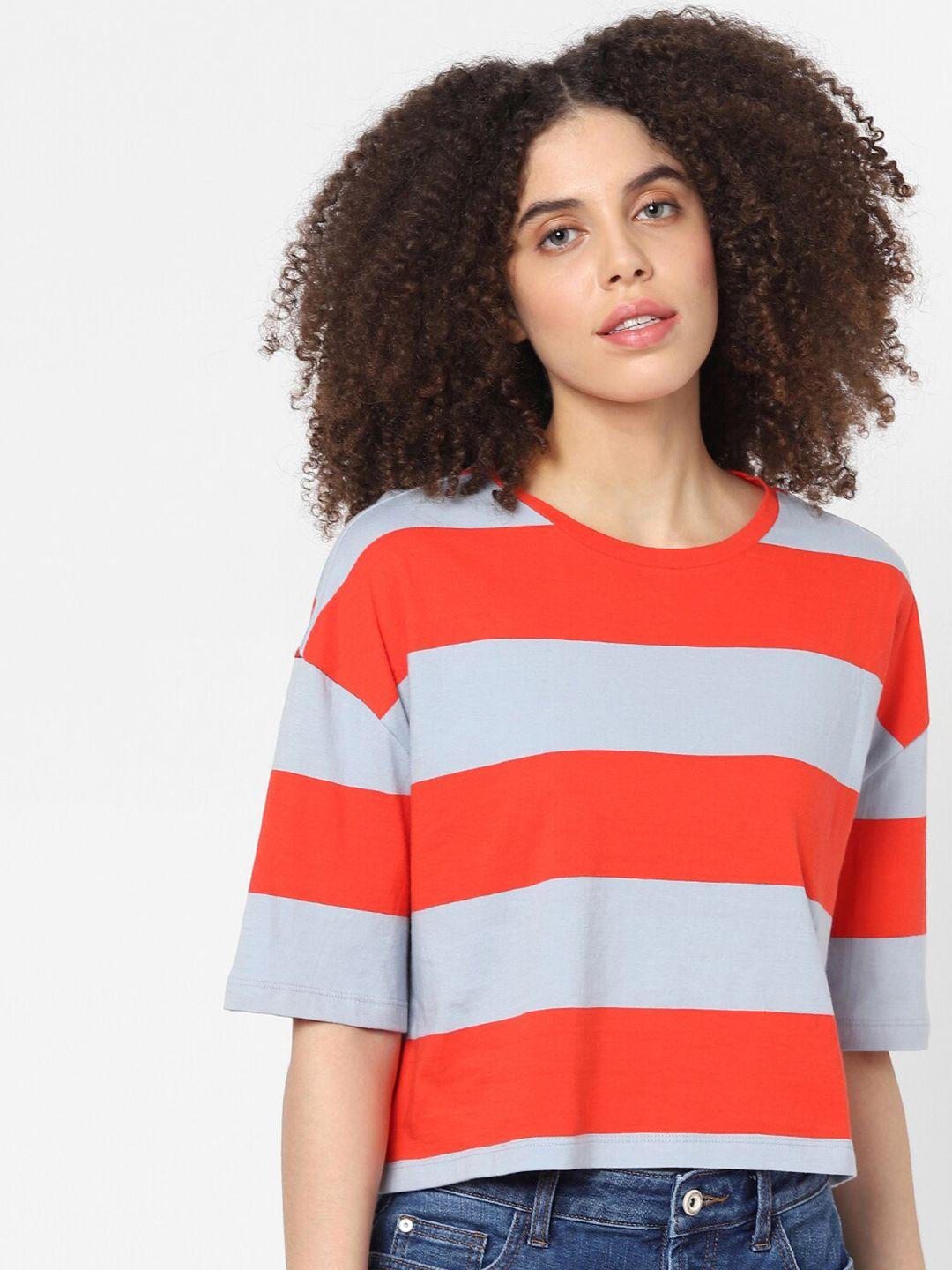 only women red & grey striped cotton round neck t-shirt