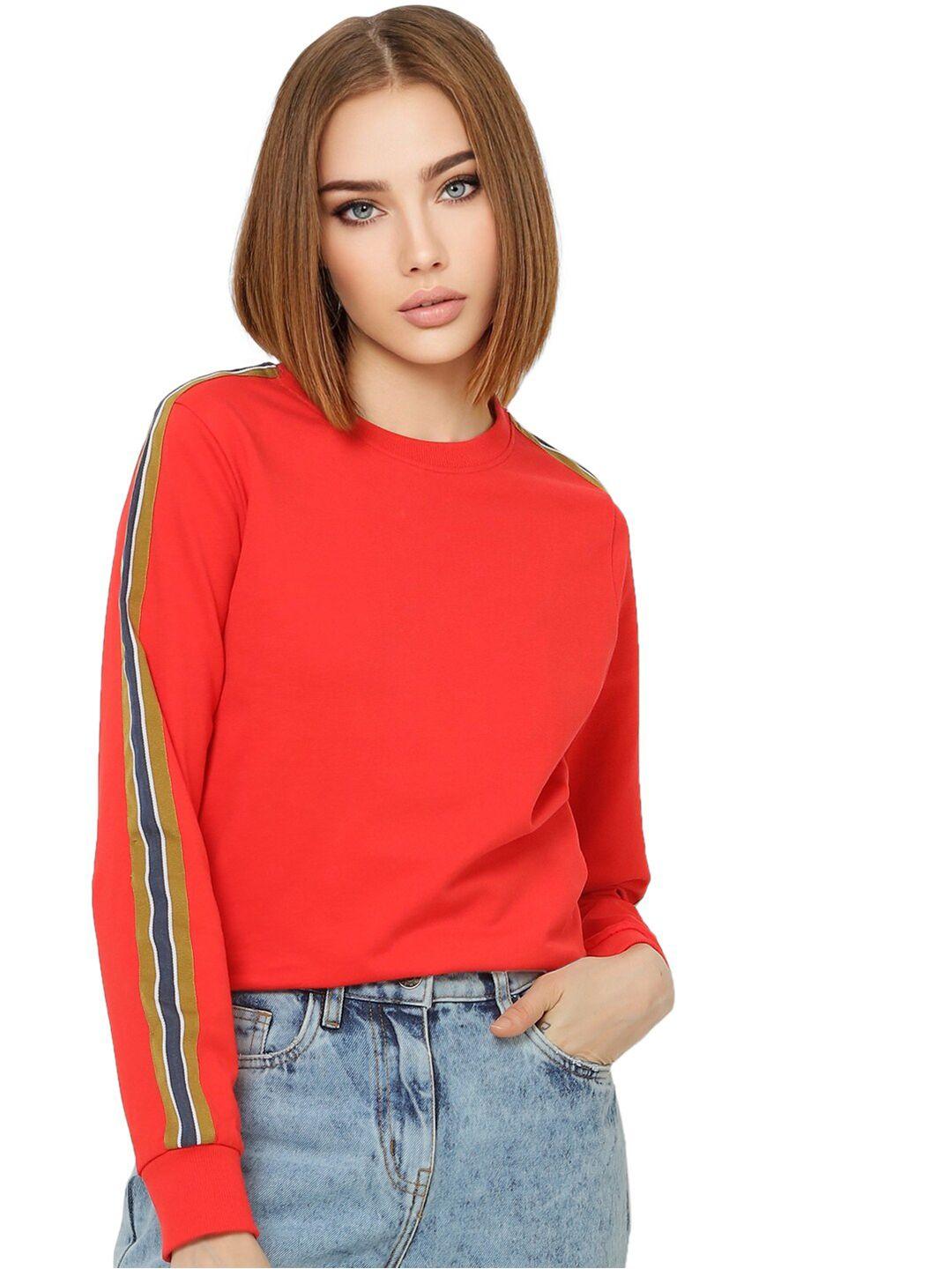 only women red solid round neck sweatshirt