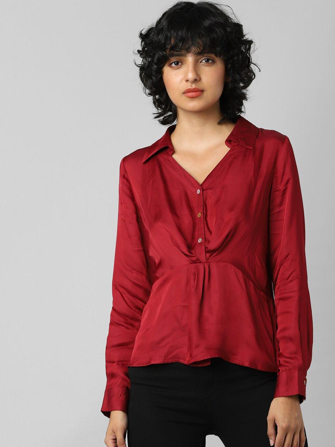 only women red solid shirt style top