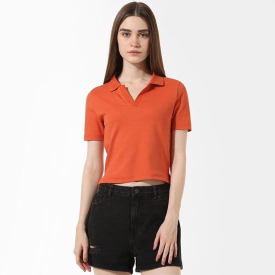 only women ribbed cropped polo t-shirt