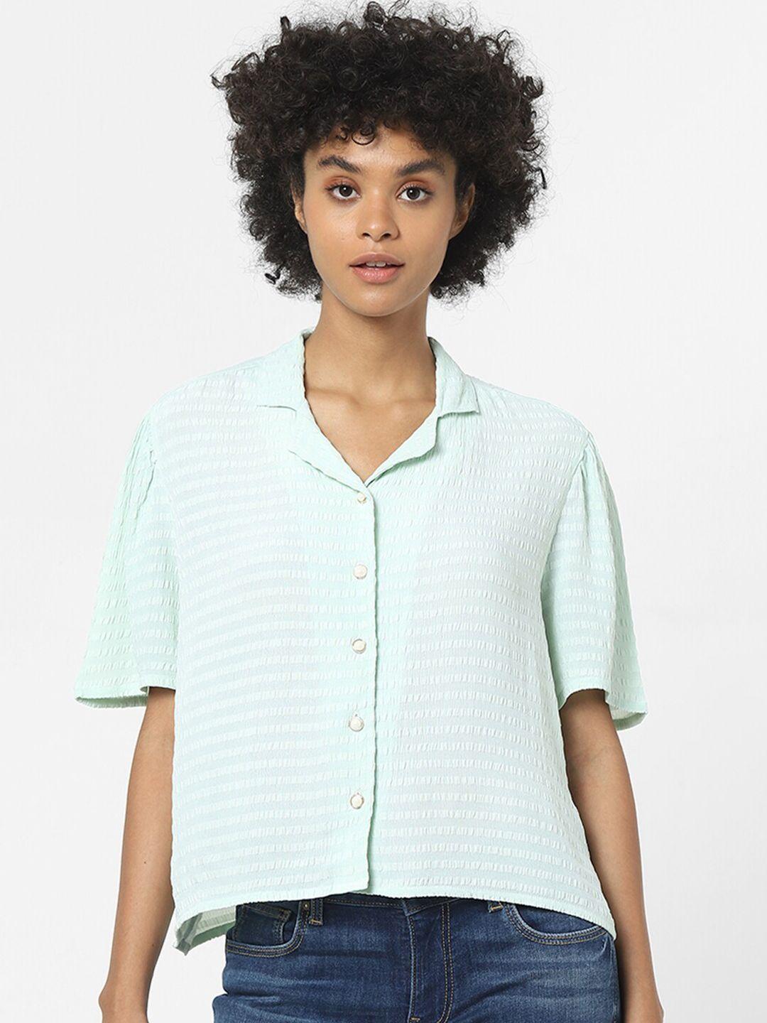 only women sea green self design casual shirt