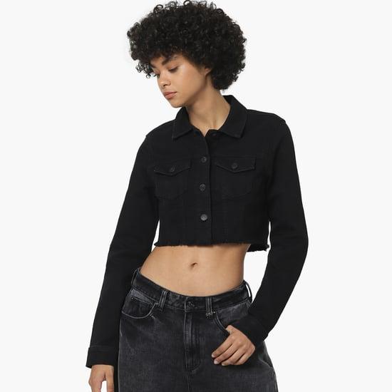 only women solid cropped and frayed denim jacket