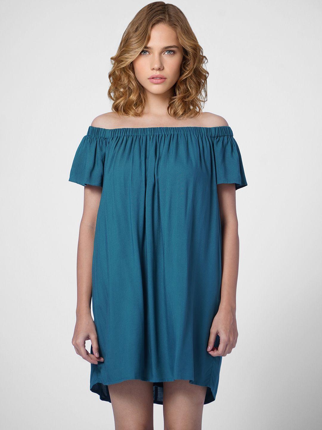 only women teal blue off-shoulder a-line dress