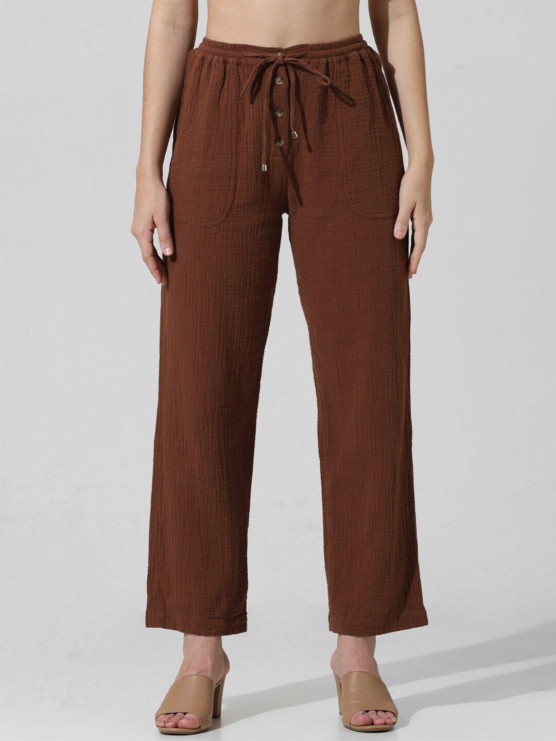 only women textured straight fit pure cotton trousers