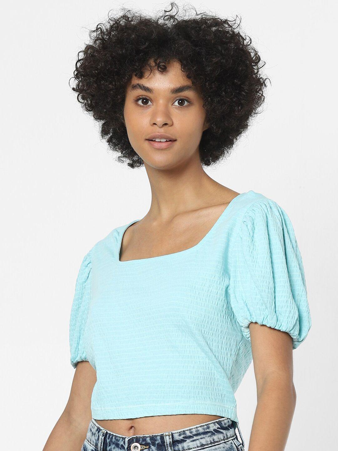 only women turquoise blue solid puff sleeves crop top