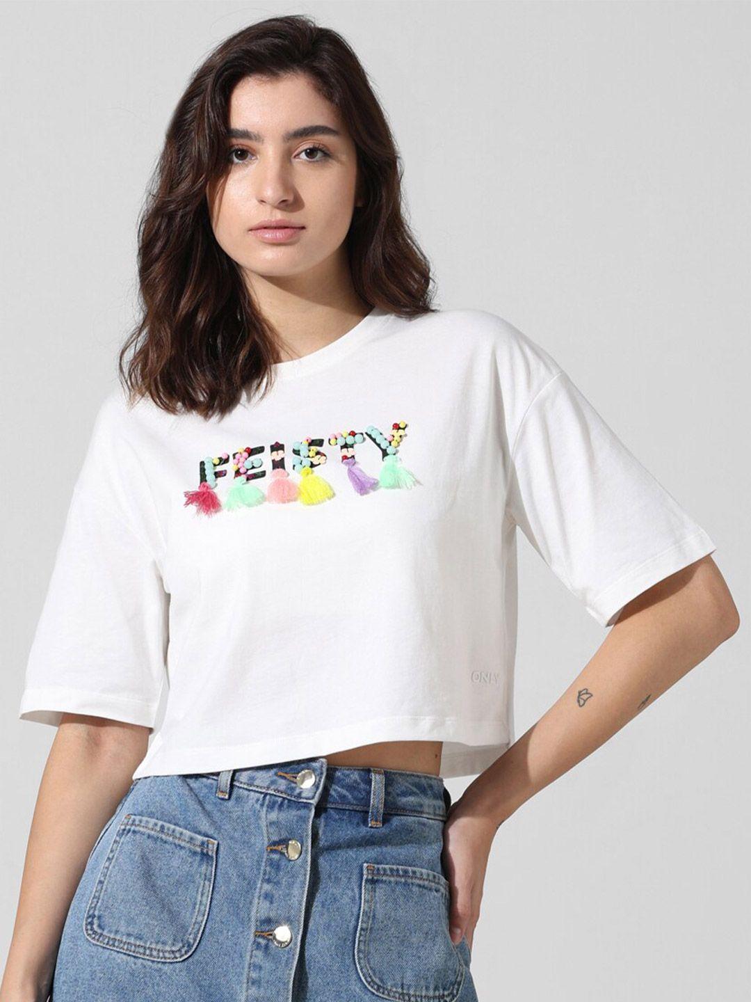 only women typography printed drop-shoulder sleeves applique boxy t-shirt