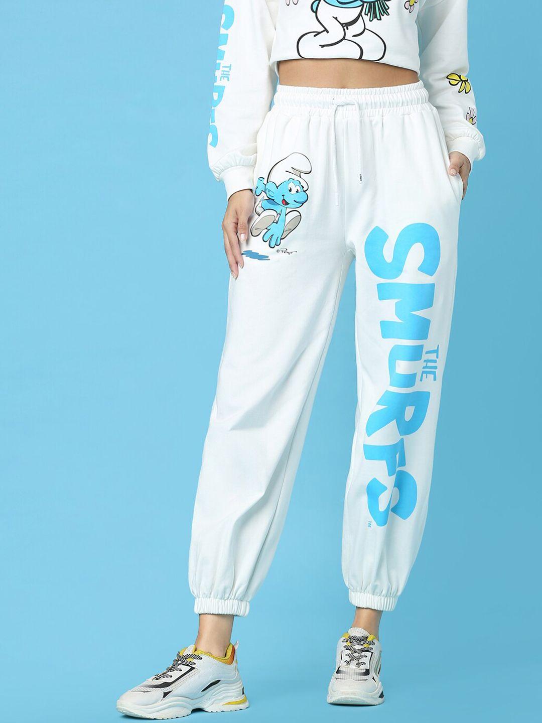only women white & blue printed cotton joggers