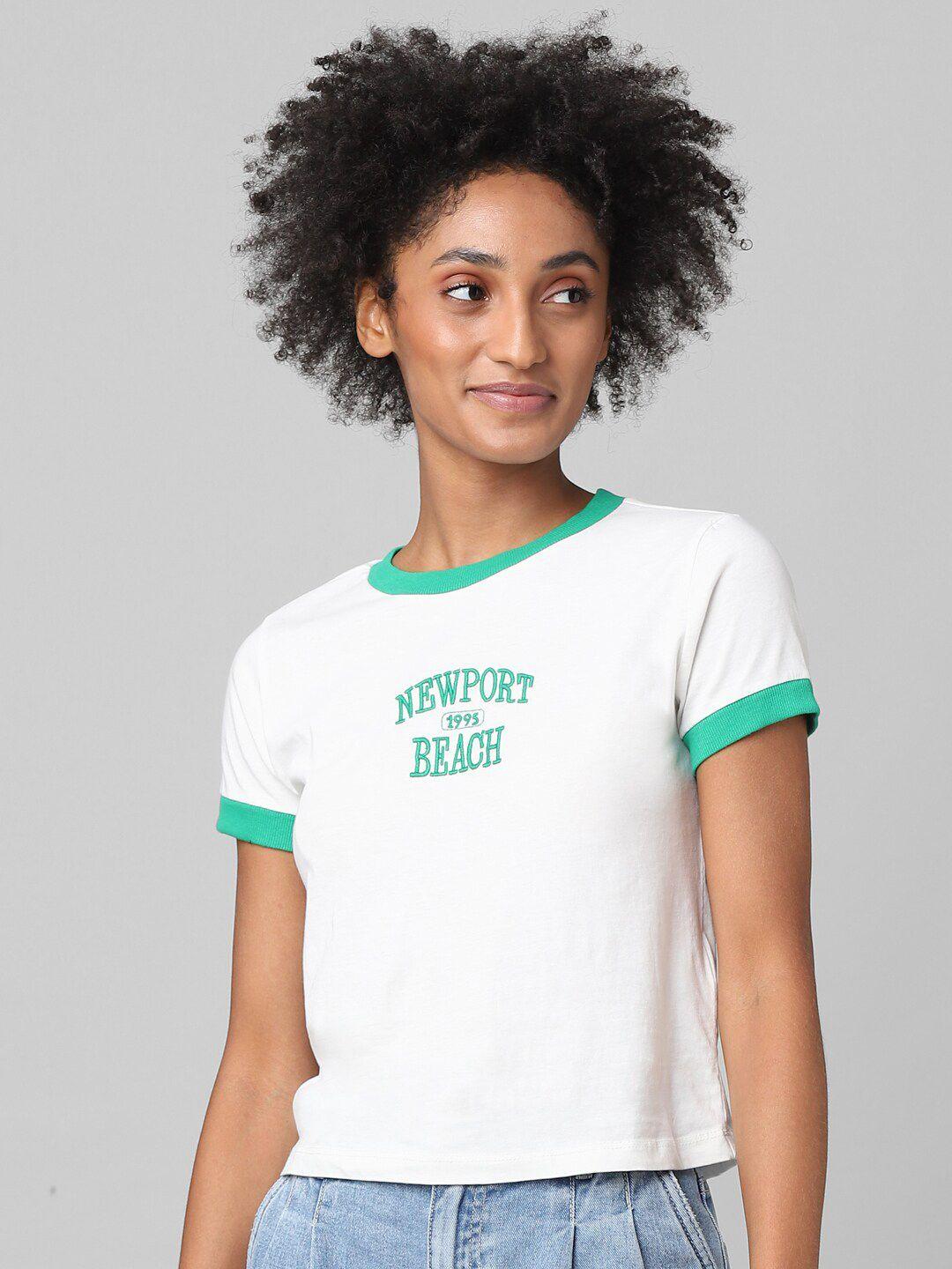 only women white & green typography printed t-shirt