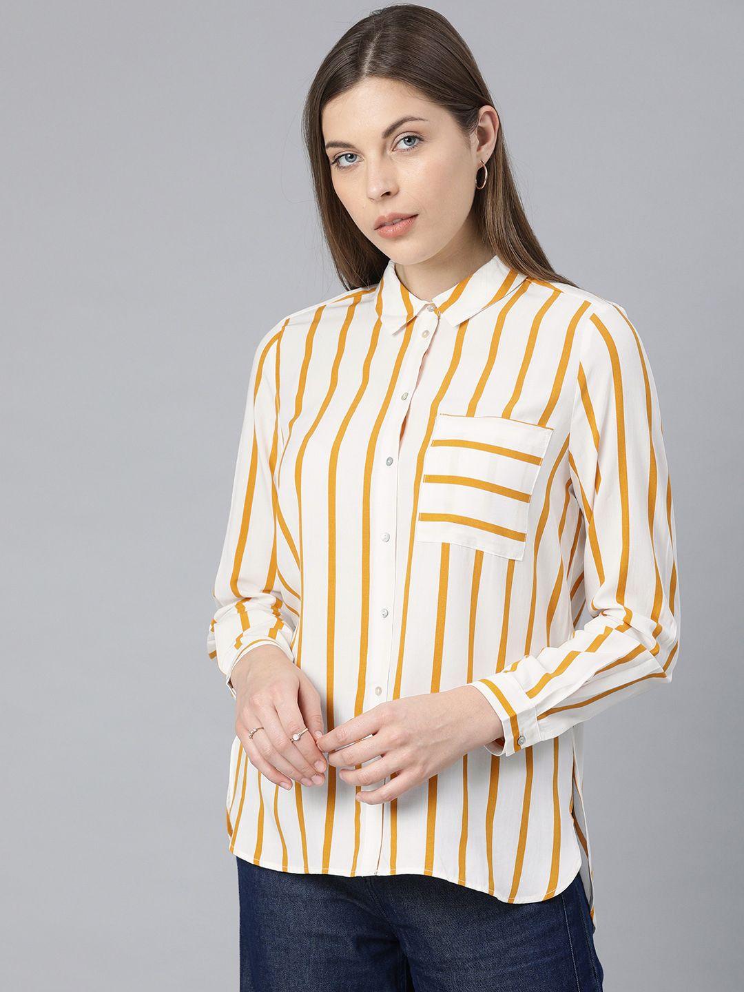 only women white & mustard yellow regular fit striped casual shirt